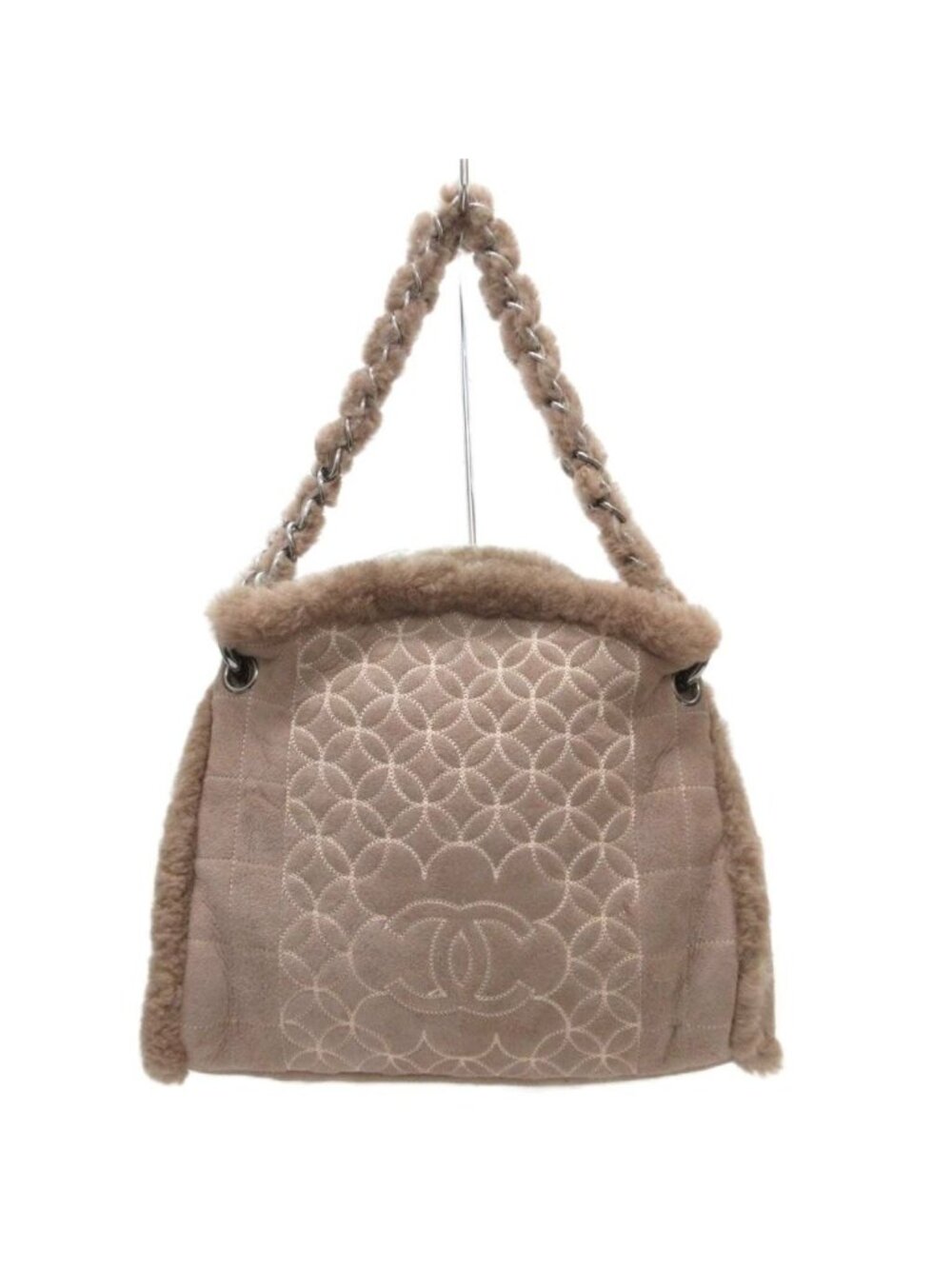 Chanel CC Logo Stitch Shearling Handbag Chain Shoulder Fleece Choco Bar